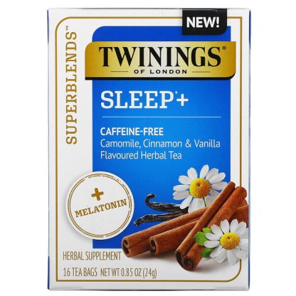 Twinings, Superblends, Sleep with Melatonin, Camomile, Cinnamon & Vanilla Herbal Tea, Caffeine Free, 16 Tea Bags, 0.85 oz (24 g)