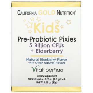 California Gold Nutrition, Kids Pre-Probiotic Pixies, 5 Billion CFUs + Elderberry, Natural Blueberry Flavor, 30 Packets, 0.05 oz (1.5 g) Each