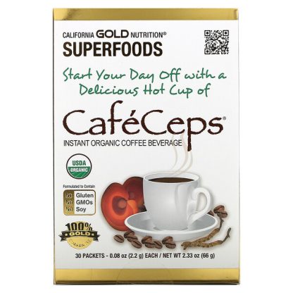 California Gold Nutrition, SUPERFOODS - CafeCeps, Organic Instant Coffee with Cordyceps and Reishi Mushroom, 30 Packets, 0.08 oz (2.2 g) Each