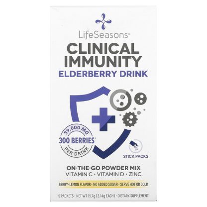 LifeSeasons, Clinical Immunity Elderberry Drink Mix, Berry-Lemon, 39,000 mg, 5 Packets, 3.14 g Each