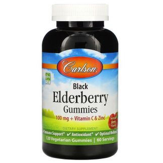 Carlson Labs, Black Elderberry Gummies + Vitamin C & Zinc, Natural Berry, 50 mg, 120 Vegetarian Gummies