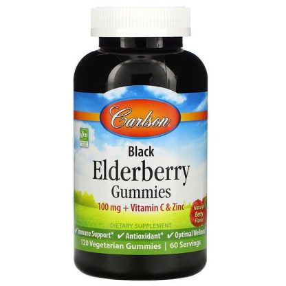 Carlson Labs, Black Elderberry Gummies + Vitamin C & Zinc, Natural Berry, 50 mg, 120 Vegetarian Gummies