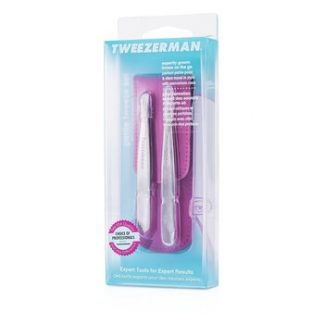 Tweezerman Petite Tweeze Set: Slant Tweezer + Point Tweezer - (With Pink Case)  2pcs