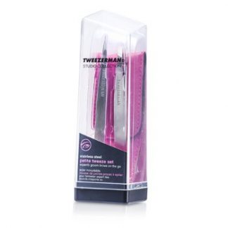 Tweezerman Petite Tweeze Set: Slant Tweezer + Point Tweezer - With Pink Leather Case (Studio Collection)  2pcs