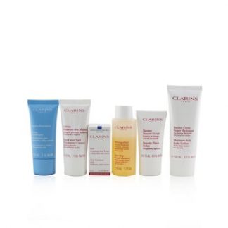 Clarins Head-to-Toe Moisturizing Essentials Set: Facial Cleanser+Eye Gel+Beauty Flash Balm+Hydra-Essentiel Cream+Body Lotion+Hand  6pcs