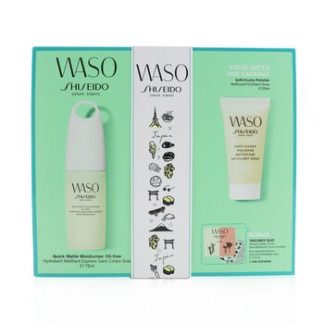 Shiseido Waso Quick Matte Moisturizer Oil-Free Set: Quick Matte Moisturizer 75ml + Soft+Cushy Polisher 30ml + Eye Opening Essence 0.3ml + Poreless Matte Primer 0.3ml  4pcs