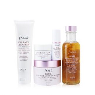 Fresh Rose Deep Hydration Ritual Set: 1x Soy Face Cleanser - 50ml/1.6oz + 1x Rose Deep Hydration Face Cream 50ml/1.6oz + 1x Rose Deep Hydration Facial Toner - 100ml/3.3oz + 1x Rose deep Hydration Face Serum - 5ml/0.17oz + 1x Rose Face Mask - 15ml/0.5oz  5pcs