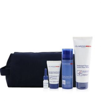 Clarins Men Essentials 4-Pieces Set: Super Moisture Balm 50ml + Active Face Wash 125ml + Shampoo & Shower 30ml + Shave Ease Oil 3ml  4pcs