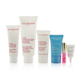 Clarins Weekend Essentials: Hand & Nail Treatment+ Beauty Flash Balm+ Body Lotion+ Hydra-Essentiel Cream+ Eye Contour Gel+ Lip Oil...  6pcs+1bag