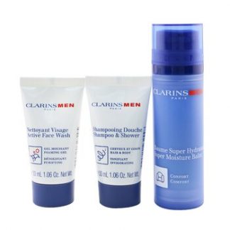 Clarins Men Hydration Essentials Set: Super Moisture Balm 50ml + Active Face Wash 30ml + Shampoo & Shower 30ml  3pcs