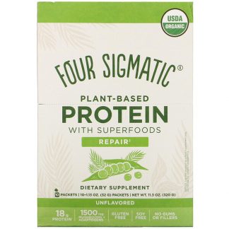 Four Sigmatic, Plant-Based Protein with Superfoods, Unflavored, 10 Packets, 1.13 oz (32 g) Each