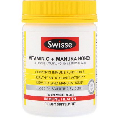 Swisse, Ultiboost, Vitamin C + Manuka Honey, Delicious Natural Honey & Lemon Flavor, 120 Chewable Tablets