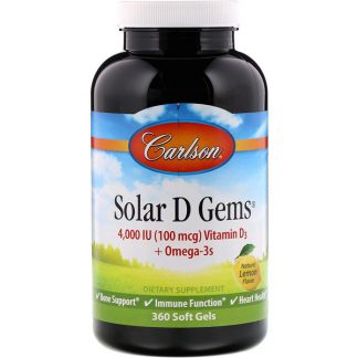 Carlson Labs, Solar D Gems, Natural Lemon Flavor, 100 mg (4,000 IU), 360 Soft Gels