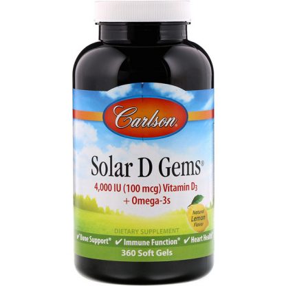 Carlson Labs, Solar D Gems, Natural Lemon Flavor, 100 mg (4,000 IU), 360 Soft Gels