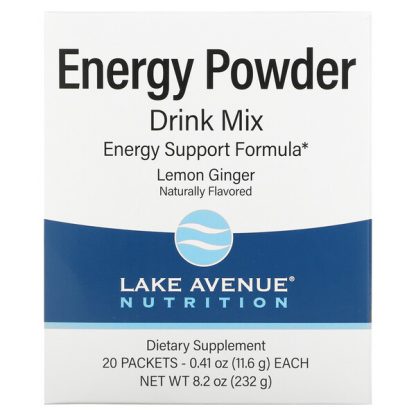 Lake Avenue Nutrition, Energy Powder Drink Mix, Lemon Ginger, 20 Packets, 0.41 oz (11.6 g) Each