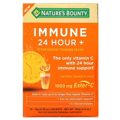 Nature's Bounty, Immune 24 Hour + Effervescent Powder Packs, Natural Orange , 14 Packets, 0.35 oz (10 g) Each