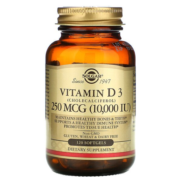 Solgar, Vitamin D3 (Cholecalciferol), 250 mcg (10,000 IU), 120 Softgels