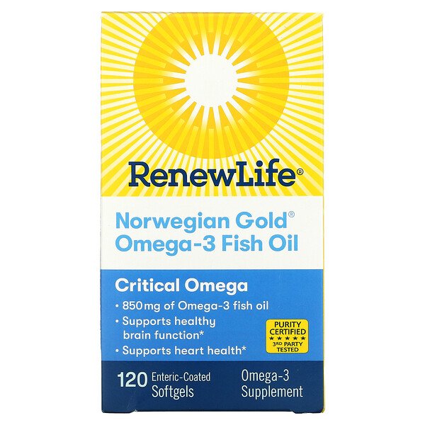 Renew Life, Norwegian Gold Omega-3 Fish Oil, 850 mg, 120 Enteric-Coated Softgels