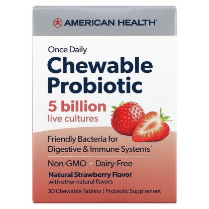 American Health, Once Daily Chewable Probiotic, Natural Strawberry, 5 Billion CFU, 30 Chewable Tablets