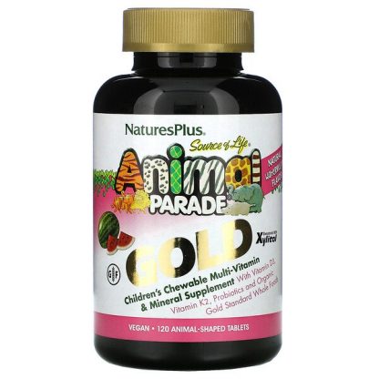 NaturesPlus, Source of Life, Animal Parade Gold, Children's Chewable Multi-Vitamin & Mineral Supplement, Natural Watermelon, 120 Animal-Shaped Tablets