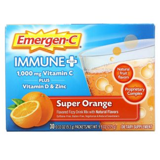 Emergen-C, Immune+, Vitamin C Plus Vitamin D & Zinc, Super Orange, 30 Packets, 0.33 oz (9.3 g) Each