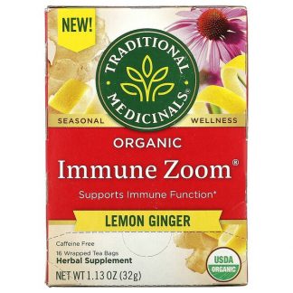 Traditional Medicinals, Organic Immune Zoom, Lemon Ginger, Caffeine Free, 16 Wrapped Tea Bags, 1.13 oz (32 g)