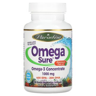 Paradise Herbs, Omega Sure, Omega-3 Concentrate , 1,000 mg, 60 Pesco Vegetarian Softgels