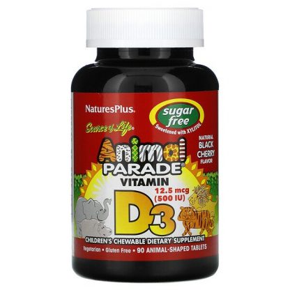 NaturesPlus, Source of Life, Animal Parade, Vitamin D3, Sugar Free, Natural Black Cherry, 12.5 mcg (500 IU), 90 Animal-Shaped Tablets