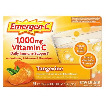 Emergen-C, Vitamin C, Flavored Fizzy Drink Mix, Tangerine, 1,000 mg, 30 Packets, 0.33 oz (9.4 g) Each