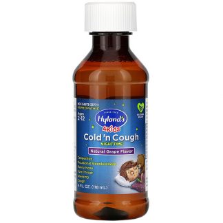 Hyland's, 4 Kids, Cold 'n Cough Nighttime, Ages 2-12, Natural Grape Flavor, 4 fl oz (118 ml)