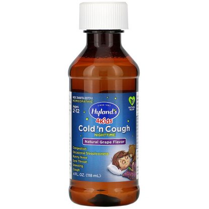 Hyland's, 4 Kids, Cold 'n Cough Nighttime, Ages 2-12, Natural Grape Flavor, 4 fl oz (118 ml)