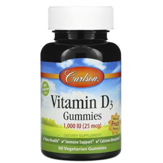 Carlson Labs, Vitamin D3 Gummies, Natural Fruit Flavors, 25 mcg (1,000 IU), 60 Gummies