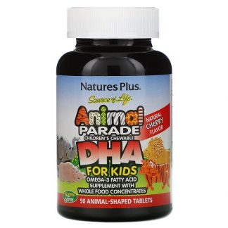 NaturesPlus, Source of Life, Animal Parade, DHA for Kids, Children's Chewable, Natural Cherry Flavor, 90 Animal-Shaped Tablets