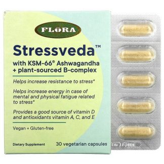 Flora, Stressveda with KSM-66 Ashwagandha + Plant-Sourced B-Complex, 30 Vegetarian Capsules