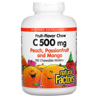 Natural Factors, Fruit Flavor Chew Vitamin C, Peach, Passionfruit and Mango, 500 mg, 180 Chewable Wafers