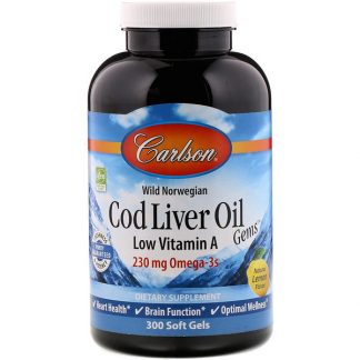 Carlson Labs, Wild Norwegian, Cod Liver Oil Gems, Low Vitamin A, Natural Lemon Flavor, 300 Soft Gels