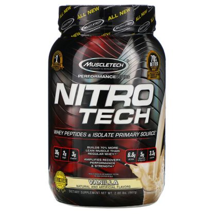 Muscletech, Nitro Tech, Whey Isolate + Lean MuscleBuilder, Vanilla, 2.00 lbs (907 g)