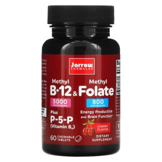 Jarrow Formulas, Methyl B-12 & Methyl Folate, Cherry Flavor, 5000 mcg / 800 mcg, 60 Chewable Tablets