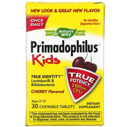 Nature's Way, Primadophilus, Kids, Age 2-12, Cherry , 3 Billion CFU, 30 Chewable Tablets