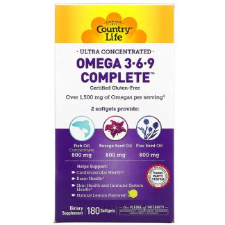 Country Life, Omega 3-6-9 Complete, Ultra Concentrated, Natural Lemon, 180 Softgels