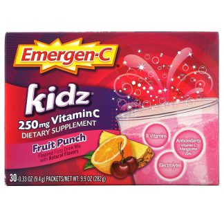 Emergen-C, Kidz, Vitamin C, Flavored Fizzy Drink Mix, Fruit Punch, 250 mg, 30 Packets, 0.33 oz (9.4 g) Each