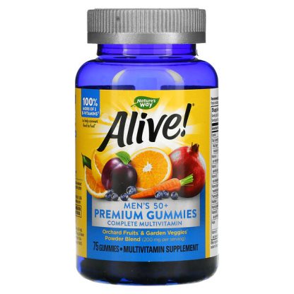 Nature's Way, Alive! Men's 50+ Premium Gummies, Complete Multivitamin, Orange, Grape & Cherry, 75 Gummies