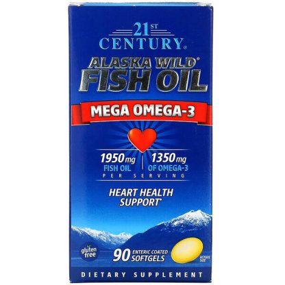 21st Century, Alaska Wild Fish Oil, Mega Omega 3, 1950 mg /1350 mg, 90 Enteric Coated Softgels