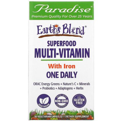 Paradise Herbs, Earth's Blend, One Daily Superfood Multi-Vitamin, With Iron, 30 Vegetarian Capsules