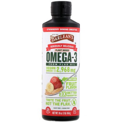 Barlean's, Seriously Delicious, Omega-3 from Flax Oil, Strawberry Banana Smoothie, 2,968 mg, 16 oz (454 g)