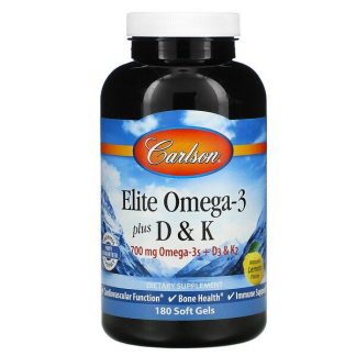 Carlson Labs, Elite Omega-3 Plus D & K, Natural Lemon Flavor, 180 Soft Gels