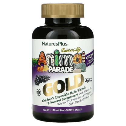 NaturesPlus, Source of Life, Animal Parade Gold, Children's Chewable Multi-Vitamin & Mineral Supplement, Grape, 120 Animal-Shaped Tablets