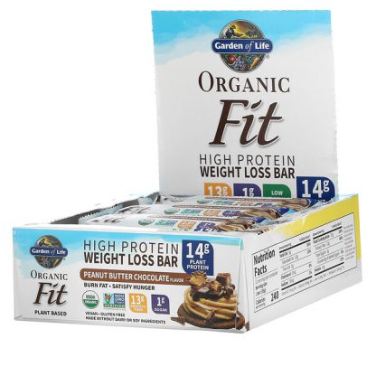 Garden of Life, Organic Fit, High Protein Weight Loss Bar, Peanut Butter Chocolate, 12 Bars, 1.94 oz (55 g) Each