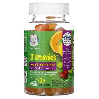 Gerber, Lil Brainies, Omega Tri-Blend & DHA, Kids Multivitamin, Ages 2+, 60 Gummies