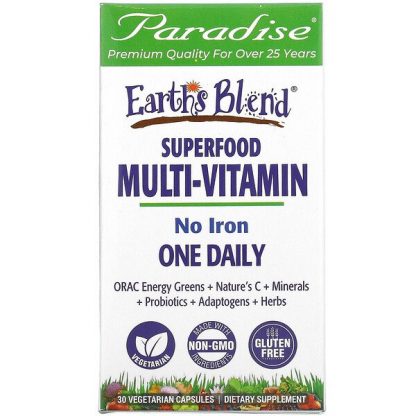 Paradise Herbs, Earth's Blend, One Daily Superfood Multi-Vitamin, No Iron, 30 Vegetarian Capsules